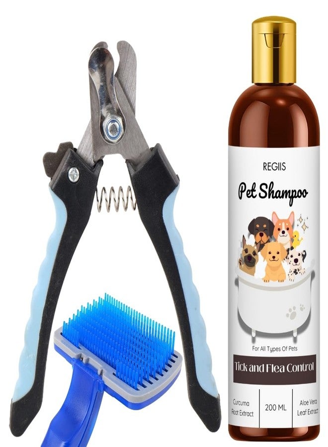 مجموعة ريجيس للعناية بالحيوانات الأليفة مع شامبو لمكافحة القراد والبراغيث، مقص أظافر احترافي، فرشاة ناعمة، 200 مل شامبو طبيعي للكلاب مع الكركم والصبار (عبوة من 3 قطع) - Image 1